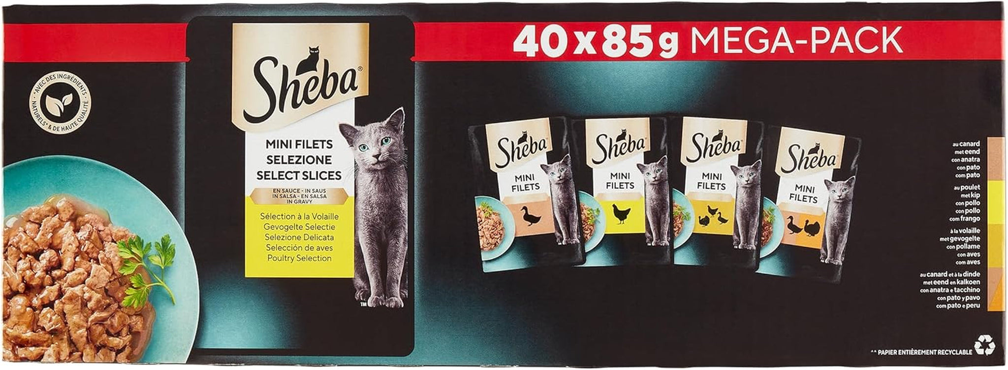 Mini Filetes de Sheba - Filetes Frescos en Salsa, Selección de Aves para Gatos Adultos - 40 x 85g
