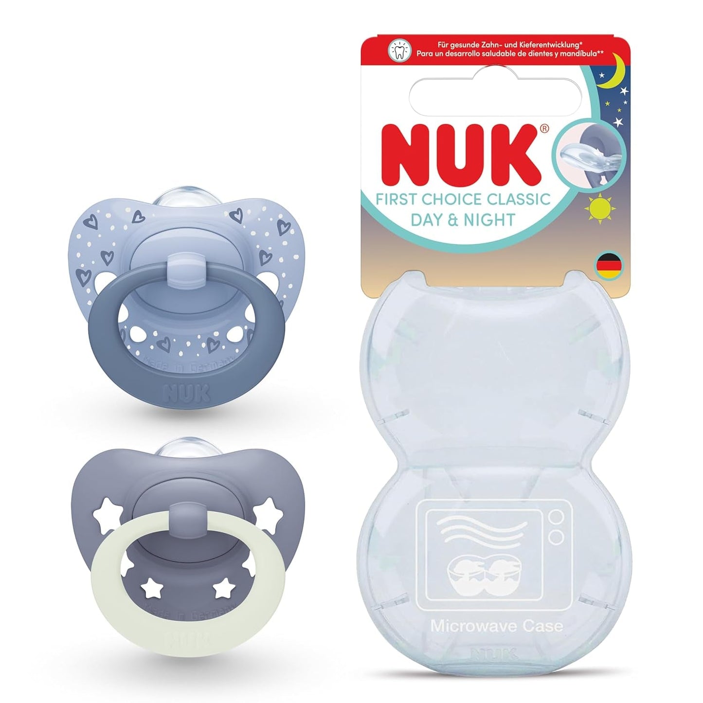 Chupetes clásicos de día y noche NUK First Choice para bebés | 6-18 meses | Chupetes de ortodoncia que brillan en la oscuridad | 95% de aceptación por parte de los bebés** | Azul | Paquete de 2