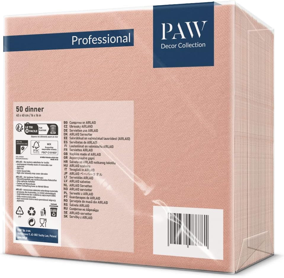 PAW - Servilletas Airlaid (40 X 40 Cm) I 50 piezas I Unicolor I Similar a tela I Decoración de mesa elegante I Horeca I Para ocasiones importantes como bodas, fiestas, Navidad I Unicolor: Rosa