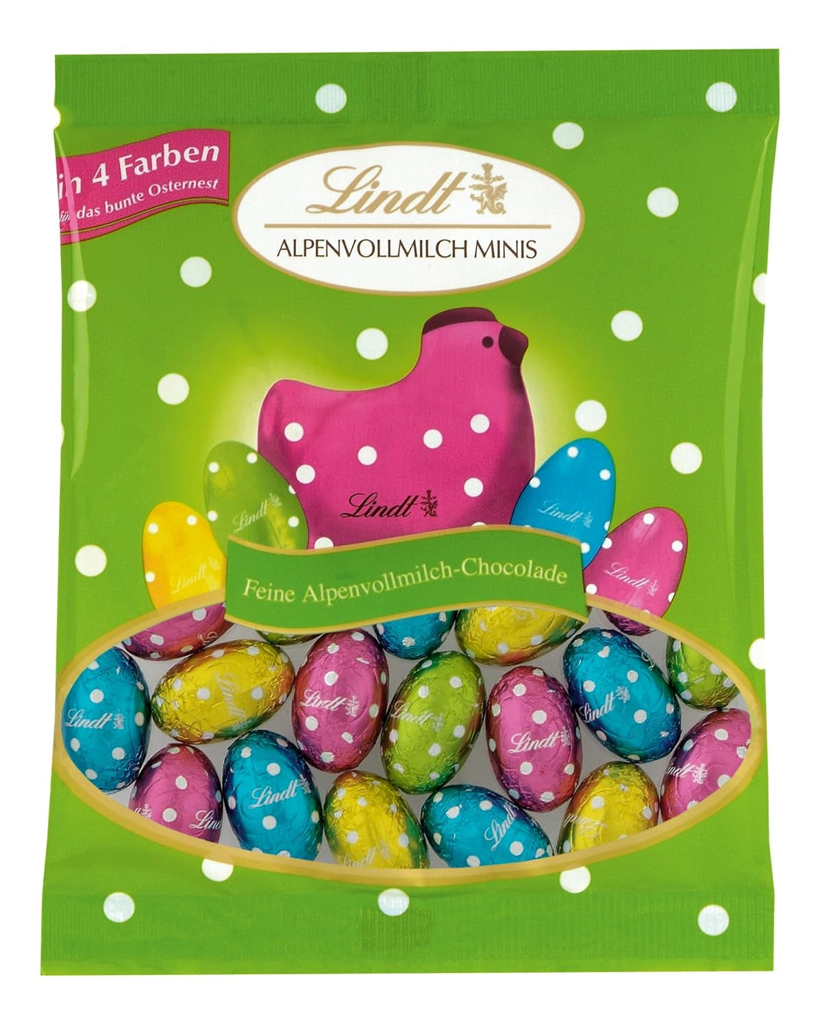 Pequeños Amigos de Pascua con Chocolate | 2 x 100 g y Decoración de Chocolate Mini Huevos con Leche Alpina | 2 sobres de 180 g | Huevos de chocolate con leche premium, empaquetados de forma alegre y colorida, en cuatro colores para Pascua