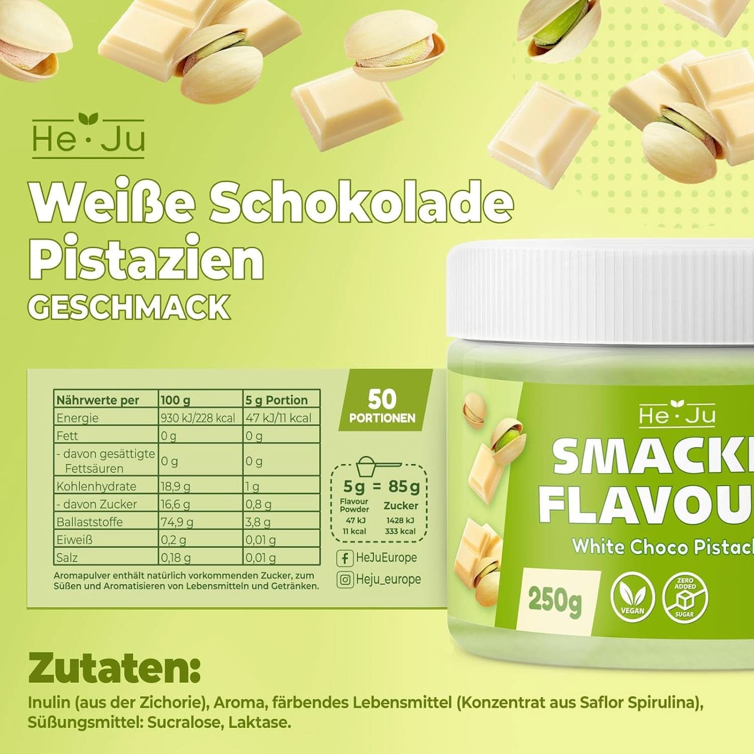He-Ju, Polvo con sabor a chocolate blanco y pistacho, 250 gramos Naty Shop Sabores
