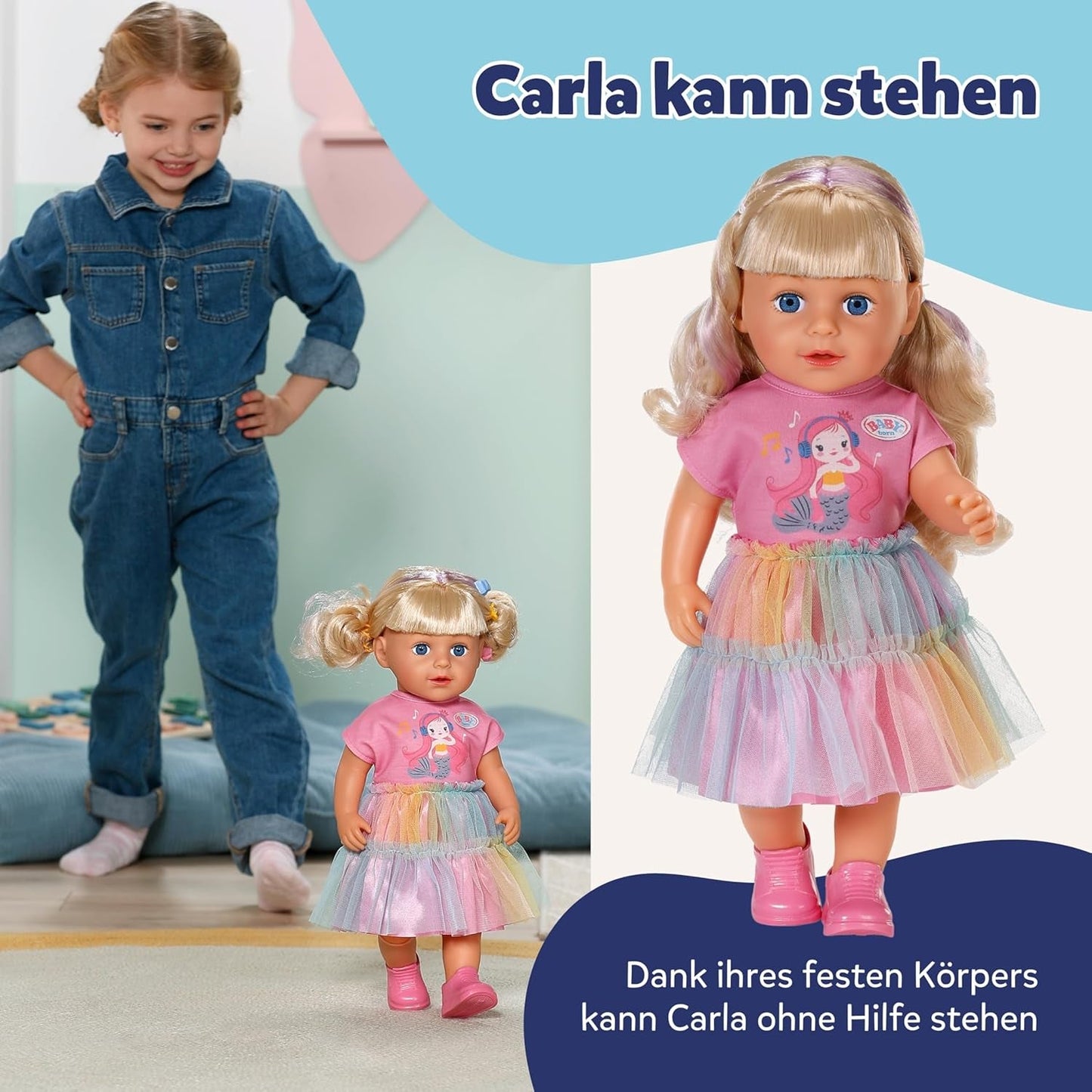 BABY born Carla - Muñeca 43 cm - Pelo rubio con mechones de gran calidad - No necesita pilas - Apta para niños a partir de 4 años - Incluye 7 accesorios, rosa