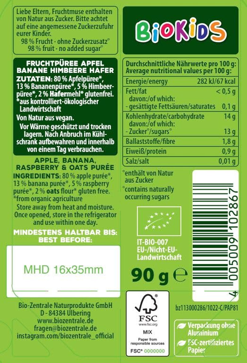 biocentral BioKids Puré de frutas Manzana Plátano Frambuesa Avena | 12 x 90g | Snack frutal sin azúcares añadidos | vegano