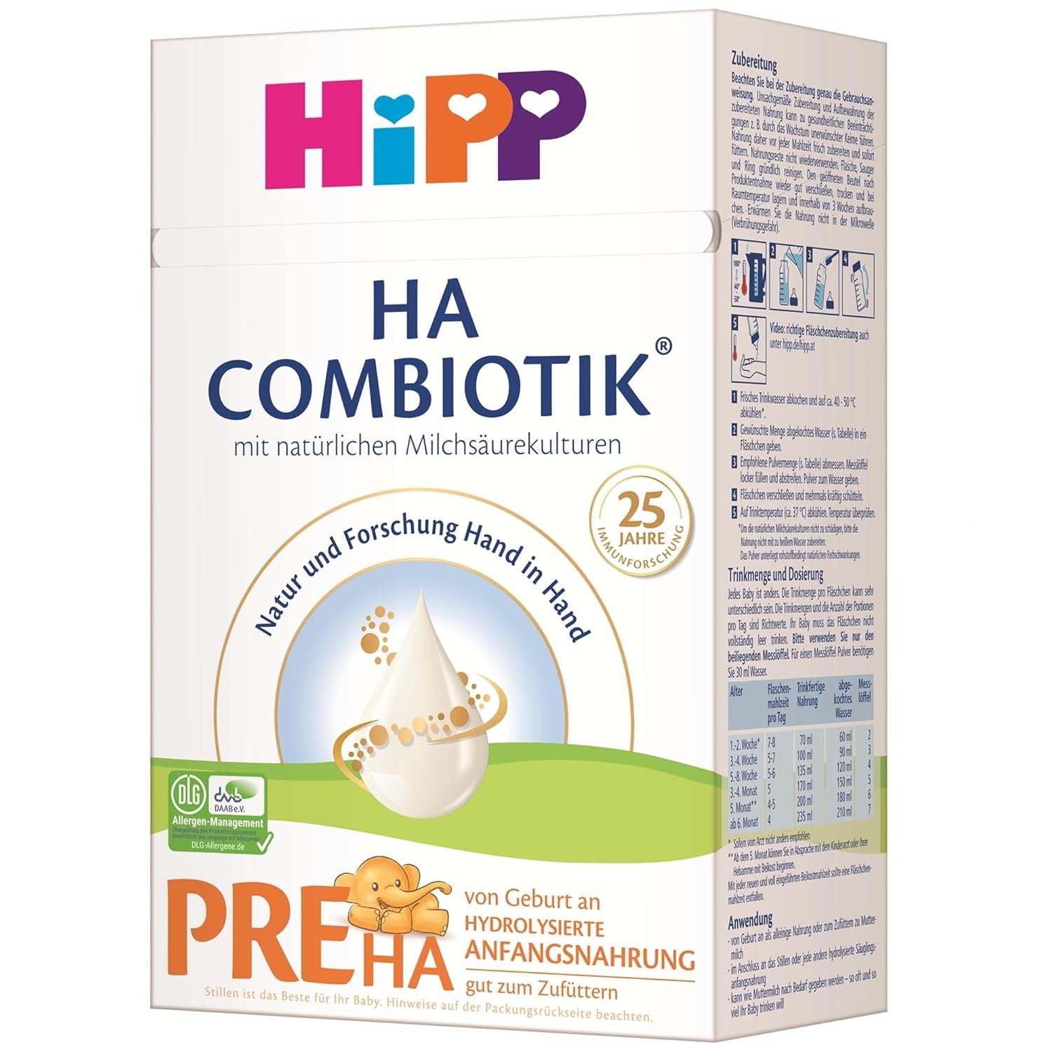 HiPP PRE HA Combiotik (4 x 600g), leche en polvo hidrolizada para lactantes desde el nacimiento, con cultivos naturales de ácido láctico, para sistemas inmunológicos sensibles