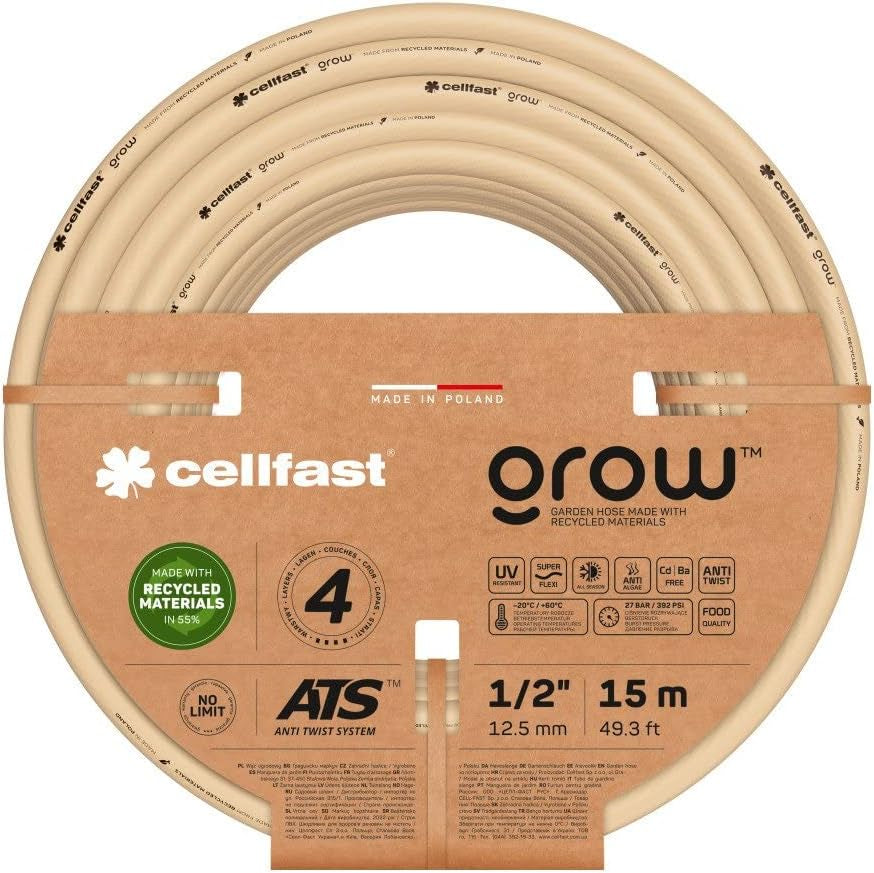 Manguera de jardín Cellfast GROW, duradera, flexible, 4 capas, tejido ATS duradero, resistente a los rayos UV y a las algas, sin metales pesados, 27 bar, -20/+60°C, cierre de 1/2", 15m