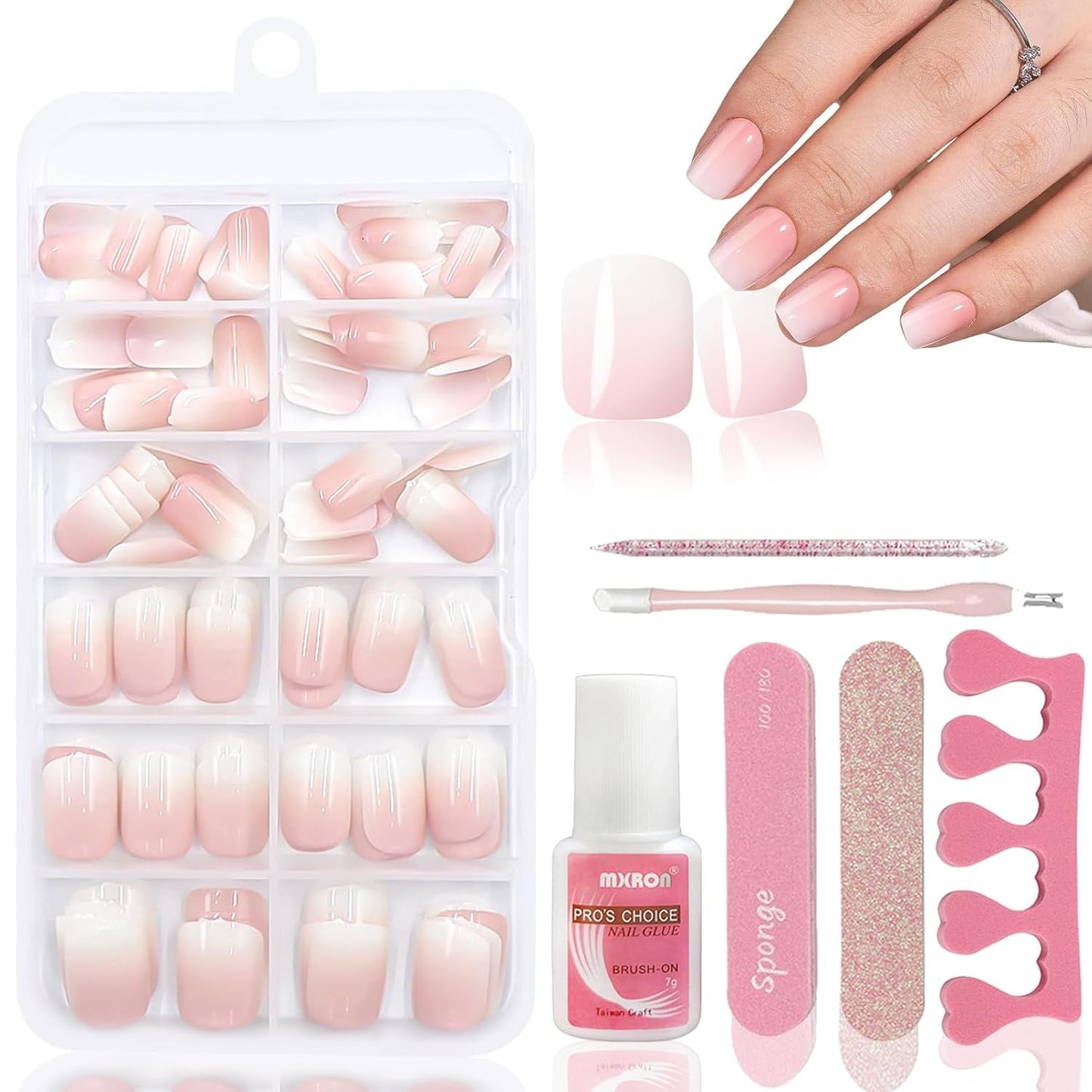 120 piezas de uñas postizas de color rosa nude con pegamento para uñas - 12 tamaños de uñas cortas ovaladas cuadradas a presión - Hermosas uñas, pegamento en uñas artificiales - Adecuado para el diseño de uñas de bricolaje para mujeres (degradado rosa Squaval)