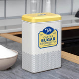 Caja de almacenamiento de metal con diseño retro de Tala Originals en amarillo y crema, puede contener una bolsa entera de azúcar en polvo