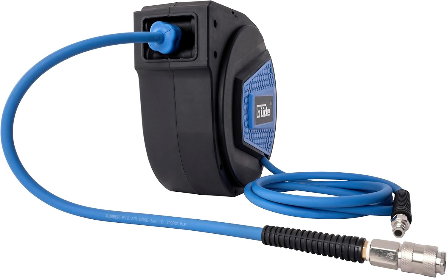 Enrollador de manguera automático Güde 10 m (presión de trabajo 12 bar, rotación de 180°, manguera de aire comprimido extremadamente flexible, resistente al aceite y a la temperatura, rosca de conexión 1/4", soporte de pared)