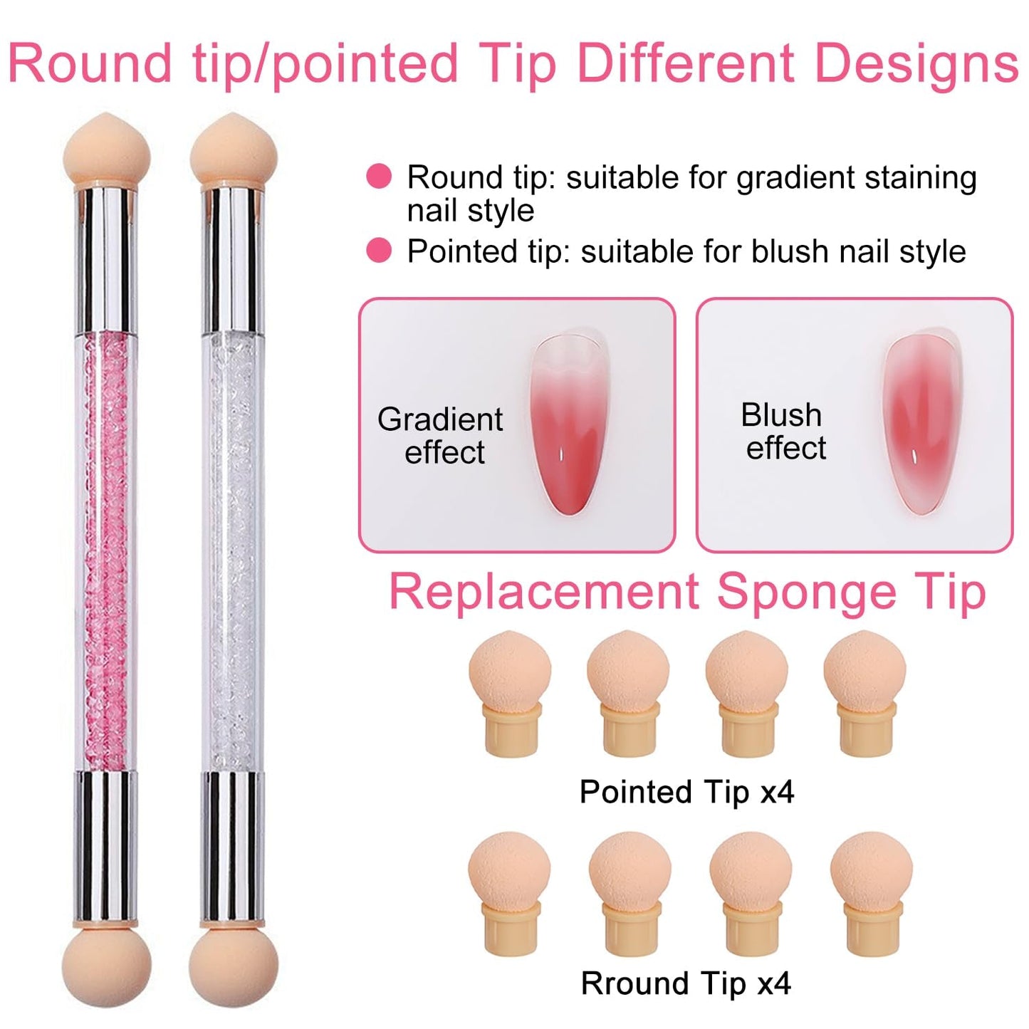 2 Stück Nail Art Rendering-Werkzeuge Doppelter Kopf, Aplicador De Pincel De Esponja Inkl 8 Ersatzköpfe, Nail Art Schwamm Und Tupfpinsel(Weiß, Rosa)
