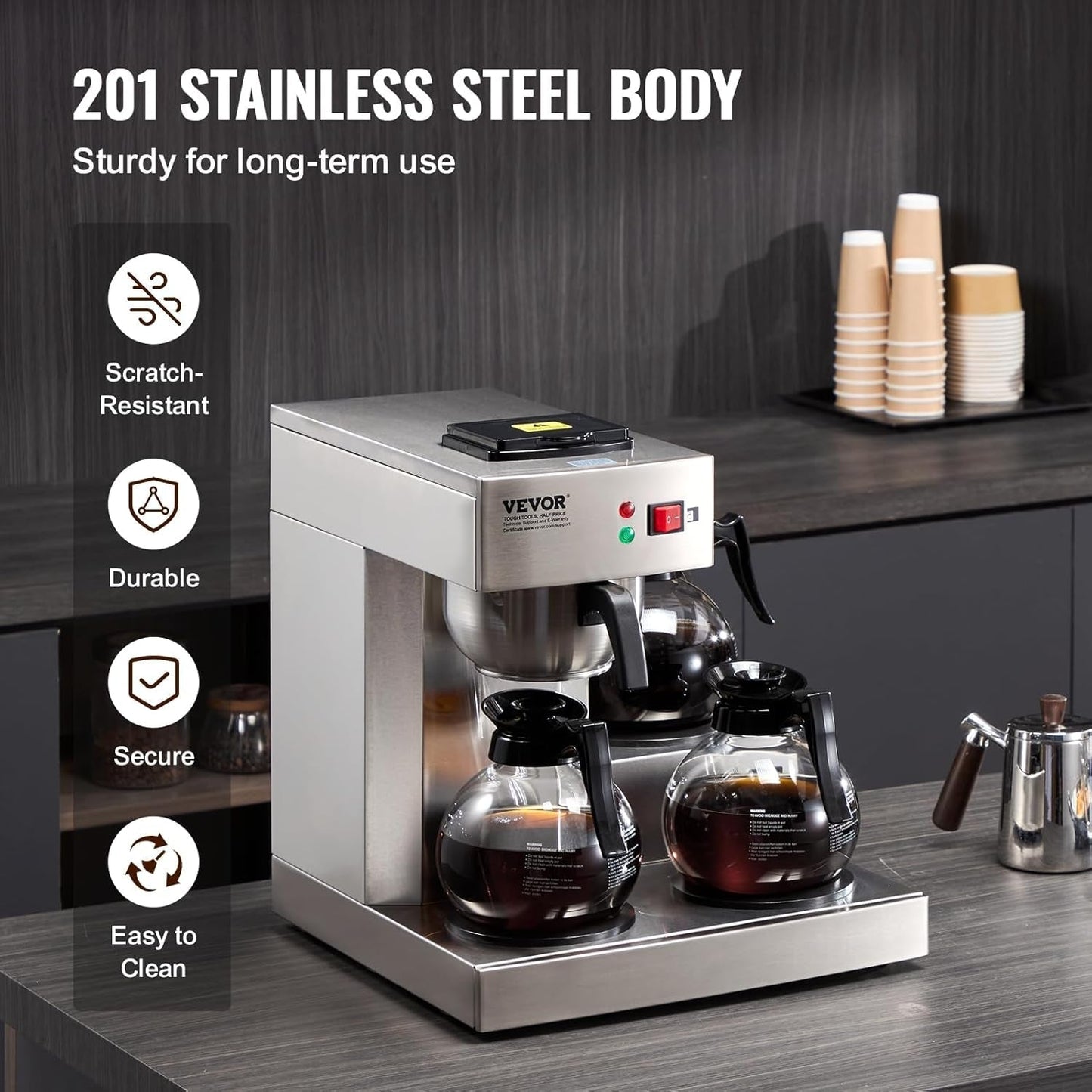 VEVOR Cafetera espresso comercial con filtro de 12 tazas con 3 garrafas de vidrio y 3 placas calefactoras Máquina de espresso de acero inoxidable con suministro automático de agua para restaurante, oficina, cafetería