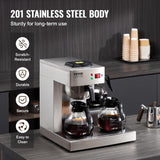 VEVOR Cafetera espresso comercial con filtro de 12 tazas con 3 garrafas de vidrio y 3 placas calefactoras Máquina de espresso de acero inoxidable con suministro automático de agua para restaurante, oficina, cafetería