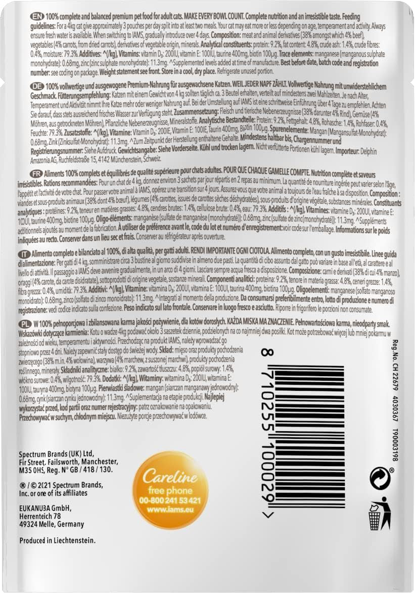 IAMS Delights Comida Húmeda para Gatos con Carne Jugosa y Zanahorias en Gelatina - Comida Húmeda Completa para Gatos Adultos, 24 Sobres x 85g