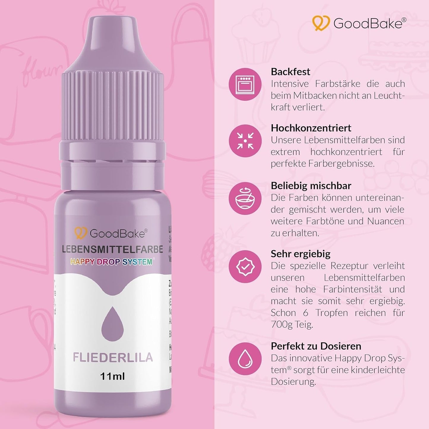 Colorante alimentario Goodbake Pastel Lila (11 ml) - Colorante alimentario de dosis alta - Para colorear pasteles, fondant, crema de mantequilla, macarrones, bebidas, limo y muchos otros artículos. 100% vegano