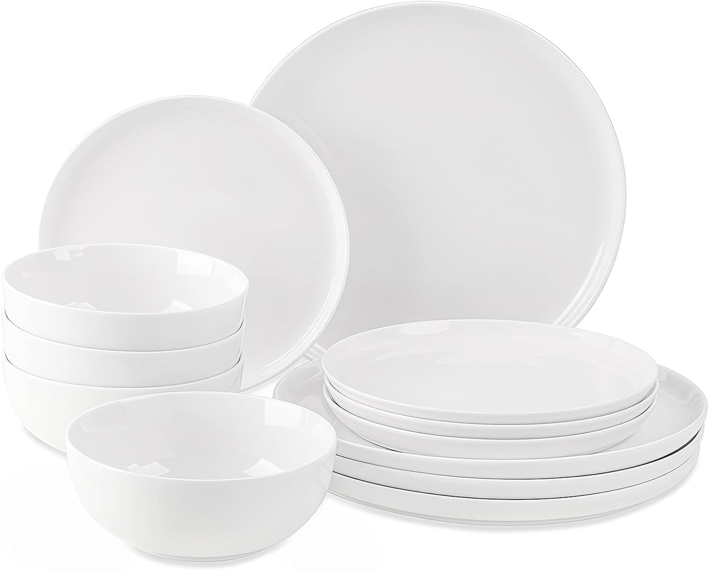 Juego de vajilla de 12 piezas, vajilla de porcelana para 4, vajilla blanca con platos, platos de postre y tazones de cereales