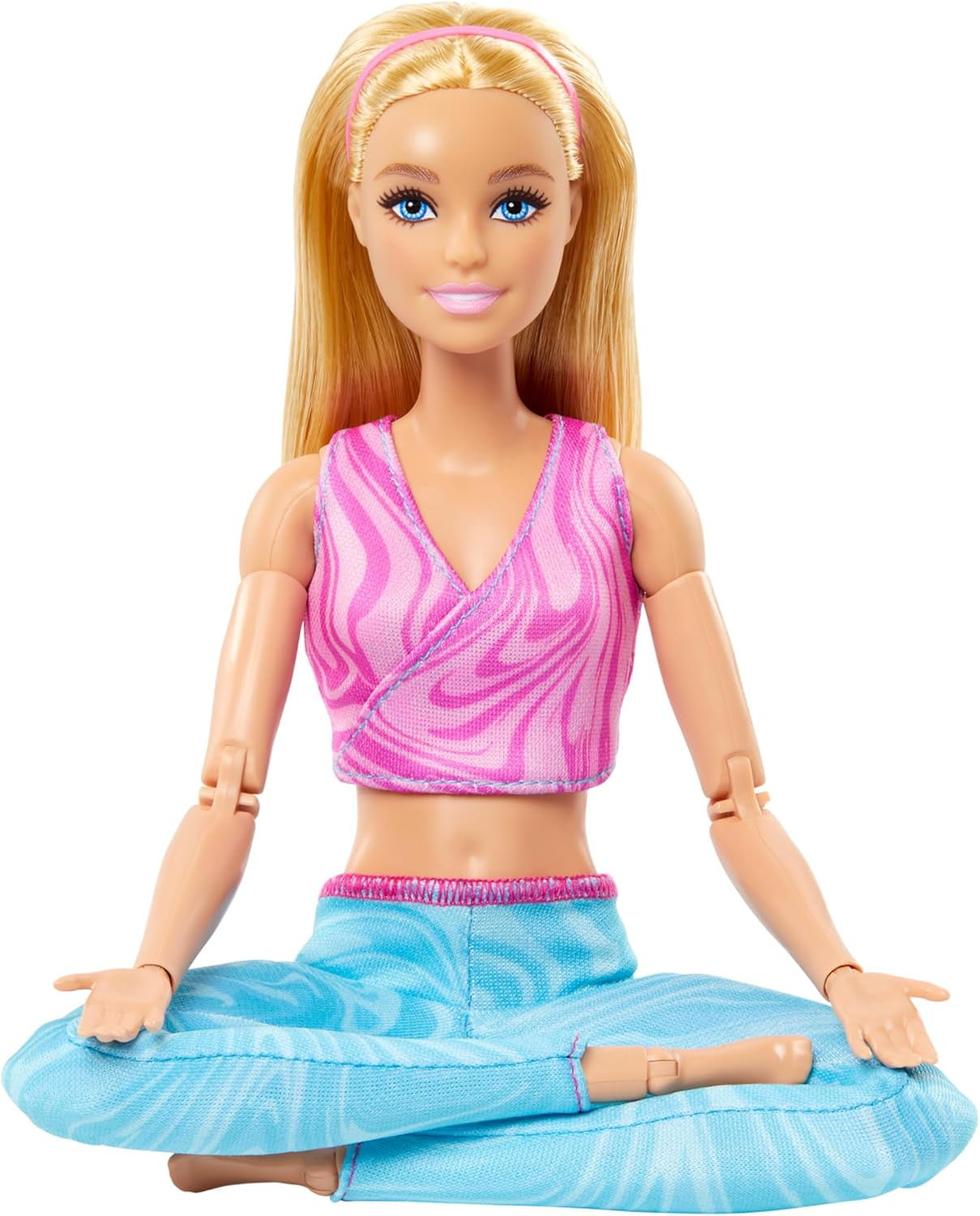 Muñeca Barbie hecha para moverse con cabello rubio, top deportivo rosa desmontable y pantalones de yoga azules, 22 articulaciones, HRH27, [Multicolor]