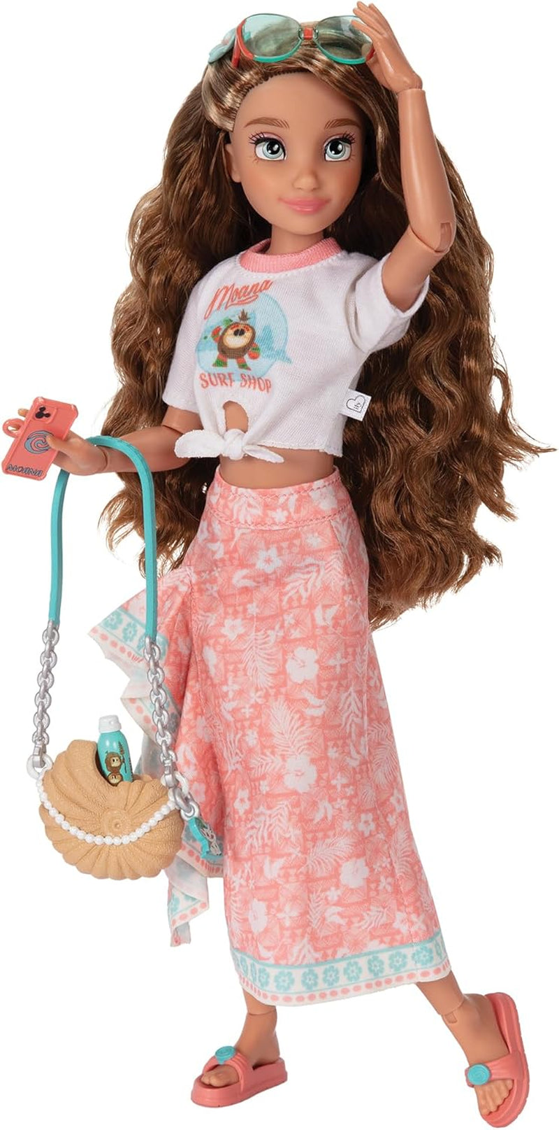 Muñeca Vaiana con accesorios, 29cm, 13 puntos de articulación, licencia oficial de Jakks Pacific. ¡Completo con accesorios combinables y un brillante anillo de Mickey!