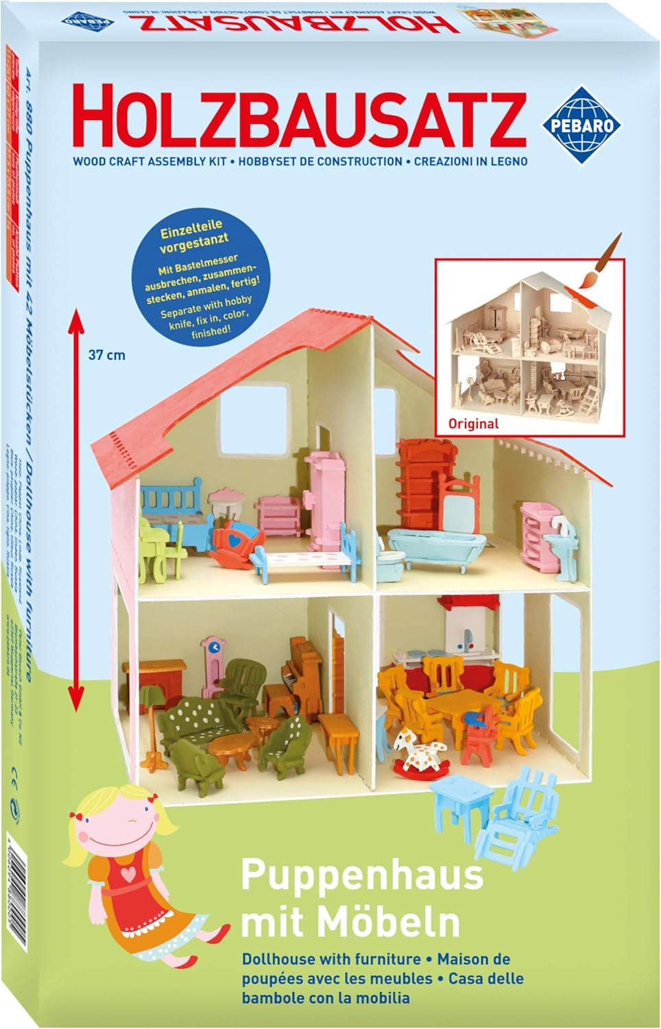 Pebaro Donau Elektronik _M880 Puzzle 3D Casa de Muñecas con Muebles, 30 x 30 x 30 cm, Natural