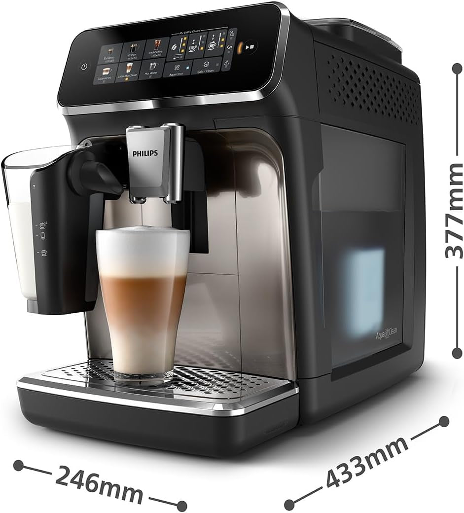 Cafetera espresso automática PHILIPS serie 3300 - 6 bebidas, moderna pantalla táctil a color, sistema de preparación de leche LatteGo, SilentBrew, molinillo 100% cerámico, filtro AquaClean. Cromo negro (EP3347/90)