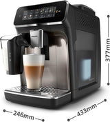 Cafetera espresso automática PHILIPS serie 3300 - 6 bebidas, moderna pantalla táctil a color, sistema de preparación de leche LatteGo, SilentBrew, molinillo 100% cerámico, filtro AquaClean. Cromo negro (EP3347/90)