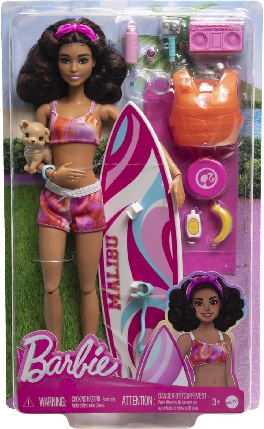 Barbie Muñeca Surfista con Tabla de Surf y Asa, Toalla y Radio para Historias y Aventuras en la Playa, Clips y Correa en el Tobillo para Surfear Realista, Edades 3+ HPL69 Naty Shop Modern Dolls