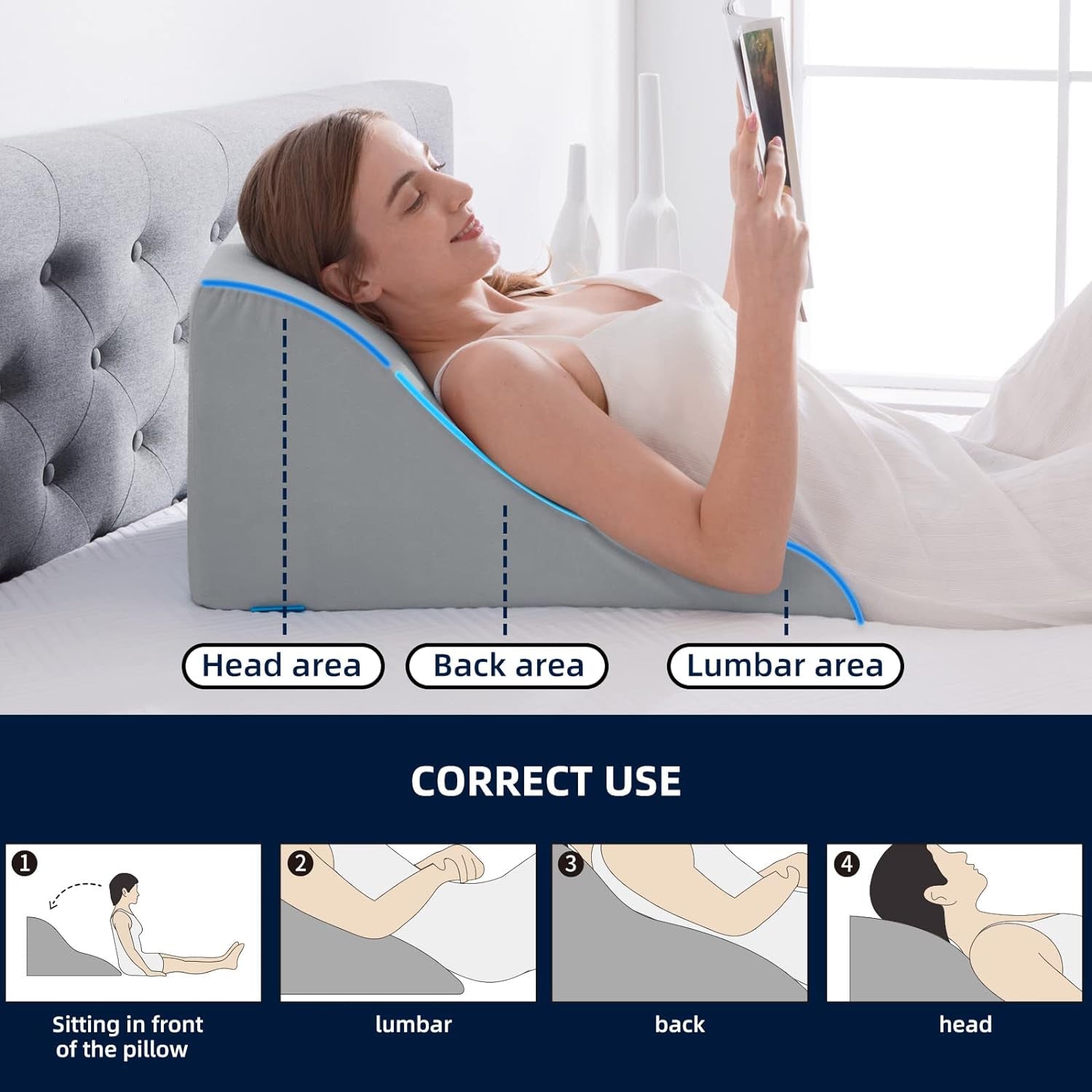 Almohada de Lectura para Cama y Sofá - Almohada de Plumas con Memoria de Memoria - Almohada de Respaldo Ergonómica - Perfecta para Apoyar la Espalda Mientras Te Relajas, Juegas, Lees o Miras TV - Ancha
