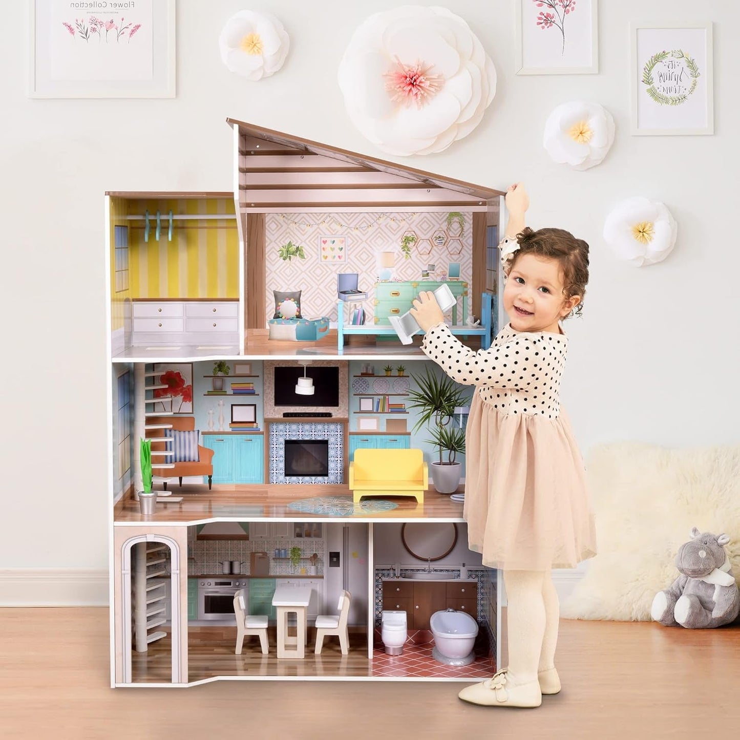 Olivia's Little World Casa de muñecas interactiva de madera de 3 pisos de estilo mediterráneo contemporáneo para niños con 17 accesorios para muebles de muñecas Multicolor TD-13551B
