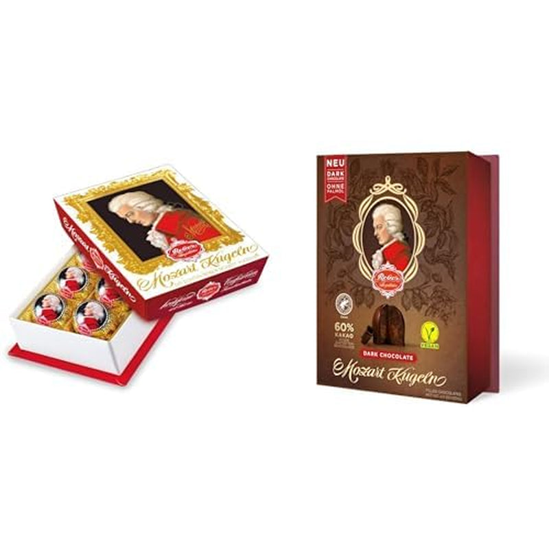 Duo Pack Chocolate Negro, Mozart Barroco y Chocolate Negro, Auténticas Bolitas Mozart, Chocolate con Chocolate Negro, Mazapán, Turrón, Ideal Regalo, 6 piezas de cada variedad, 240g en total