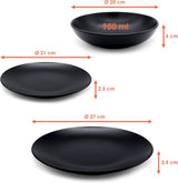 Juego de vajilla de cerámica fina, color negro mate, 18 piezas, juego de vajilla para 6, incluye platos para pasteles, platos llanos, platos llanos, apto para lavavajillas
