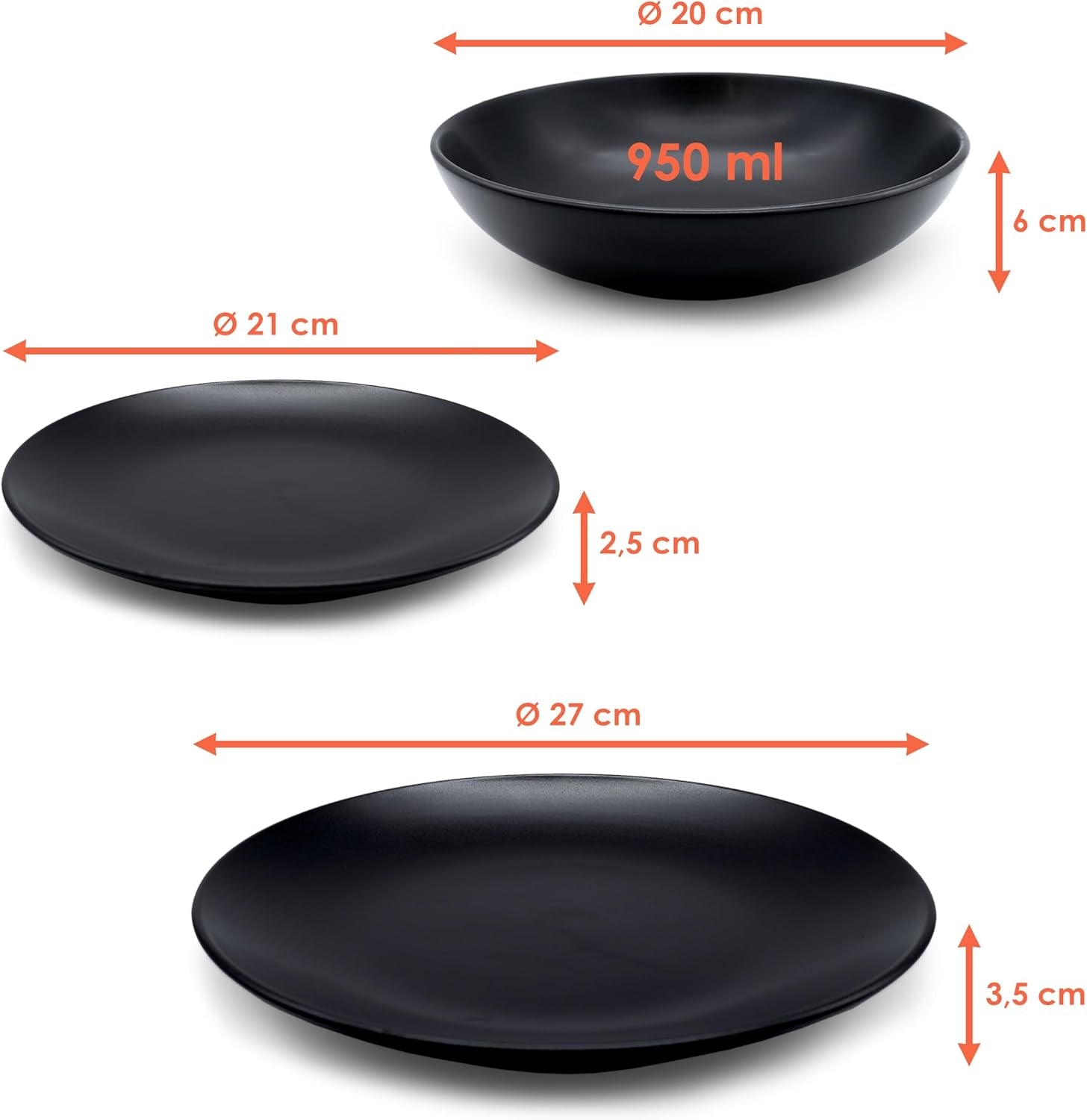 Juego de vajilla de cerámica fina, color negro mate, 18 piezas, juego de vajilla para 6, incluye platos para pasteles, platos llanos, platos llanos, apto para lavavajillas