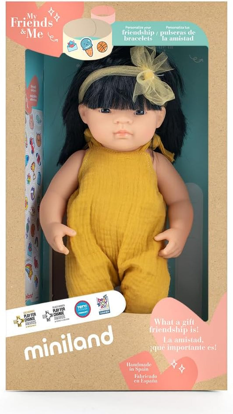 Muñeca Miniland, 38 cm, niña asiática. Fabricado en España. Anatómicamente correcto. Colección Mi amigo y yo