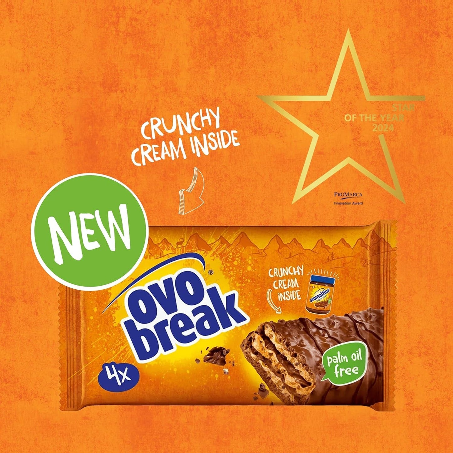 Ovomaltine OVO BREAK Oblea y barra de chocolate: un snack crujiente con el sabor inconfundible de nuestra popular Creme Crocante, naturalmente sin aceite de palma (4 x 39 g)