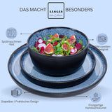 SÄNGER Aruba | Juego de vajilla de gres para 6 personas, 6 platos llanos, 6 platos de desayuno, 6 platos llanos, 6 cuencos para pasta, azul con borde negro | LA COLECCIÓN DE VALOR
