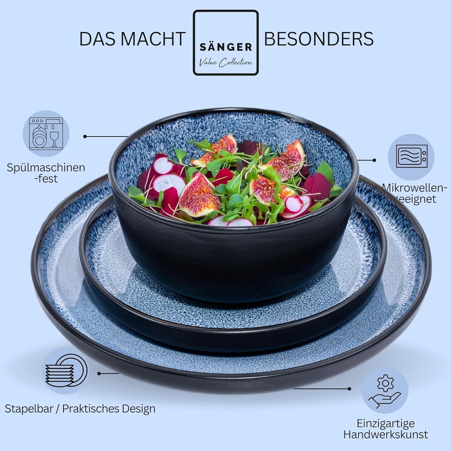 SÄNGER Aruba | Juego de vajilla de gres para 6 personas, 6 platos llanos, 6 platos de desayuno, 6 platos llanos, 6 cuencos para pasta, azul con borde negro | LA COLECCIÓN DE VALOR