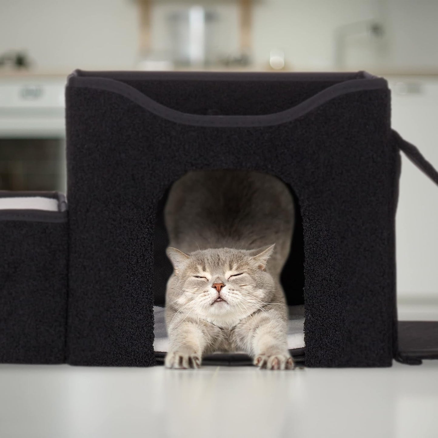 Relaxdays Katzenhöhle, plegable, 3 Liegeplätze, Katzenhaus mit Kratzfläche, HBT: 36,5x112x41 cm, Katzenversteck, negro