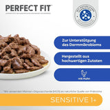 Comida húmeda para gatos Perfect Fit Sensitive 1+ con pollo en salsa, 12 sobres, 12 x 85 g - Comida húmeda premium para gatos sensibles a partir de 1 año, sin trigo ni soja, para favorecer la digestión