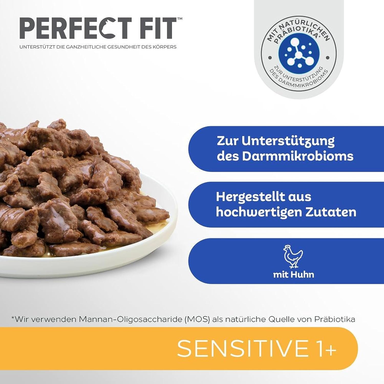Comida húmeda para gatos Perfect Fit Sensitive 1+ con pollo en salsa, 12 sobres, 12 x 85 g - Comida húmeda premium para gatos sensibles a partir de 1 año, sin trigo ni soja, para favorecer la digestión