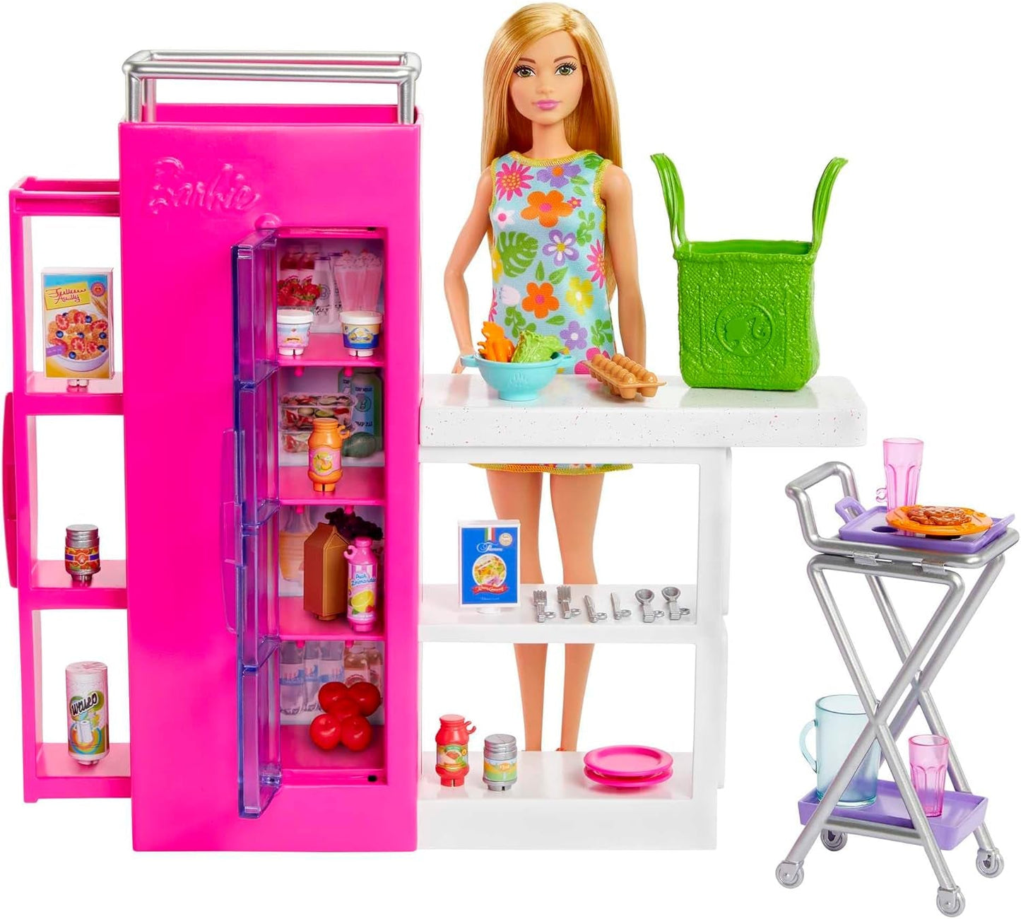 Barbie Doll Pantry Playset con más de 25 piezas de cocina y accesorios: perfecto para pequeños amantes de la comida y regalo para niños de 3 años en adelante, HJV38