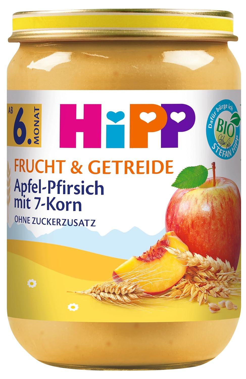 Frutas y cereales orgánicos HiPP con manzana y melocotón y 7 cereales, paquete de 6 (6 x 190 g)