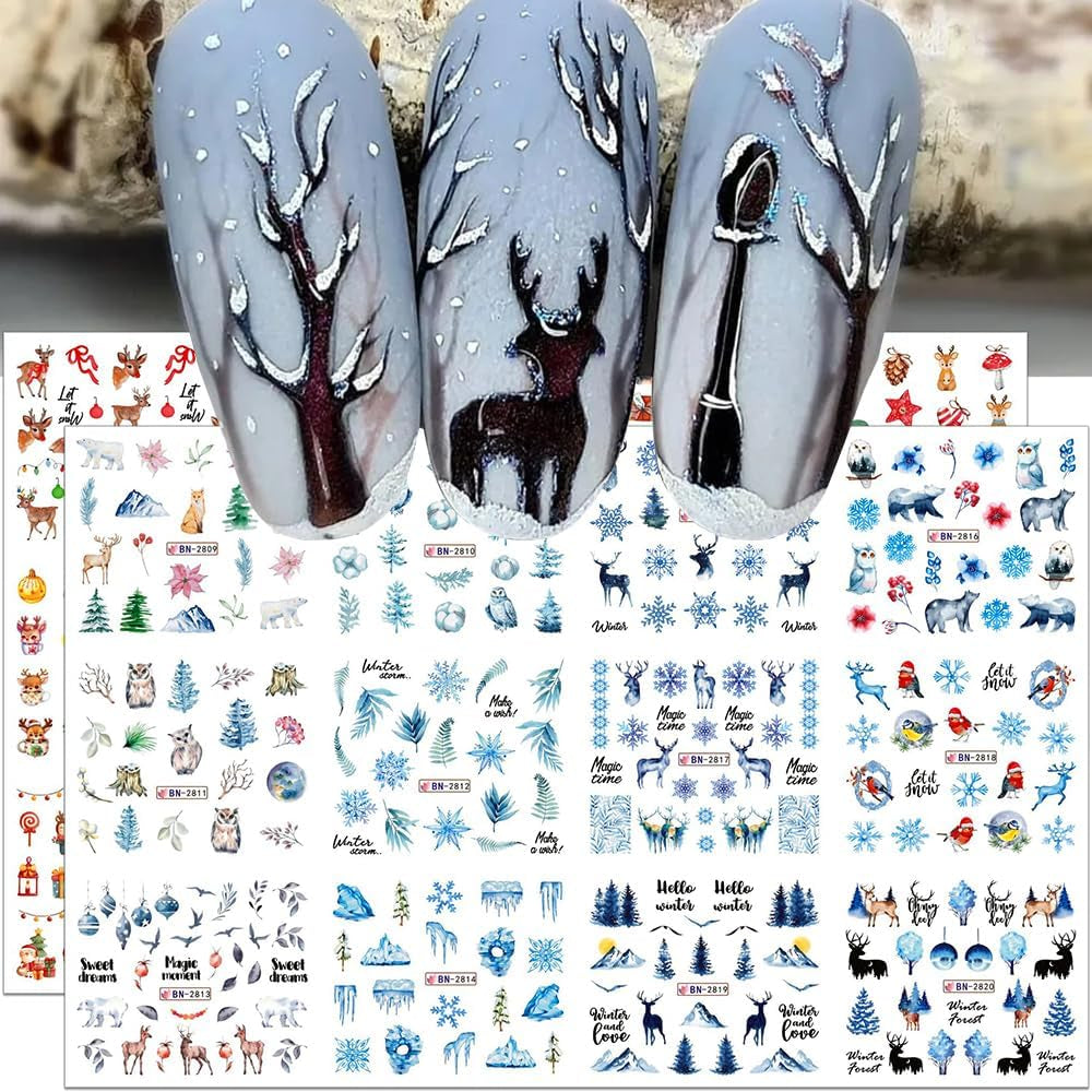 Pegatinas de uñas navideñas 3D, autoadhesivas, transferencia de agua, árbol de Navidad, copo de nieve, alce, pingüino, arte de uñas navideño, diseños de uñas de invierno, pegatinas navideñas, accesorios para uñas