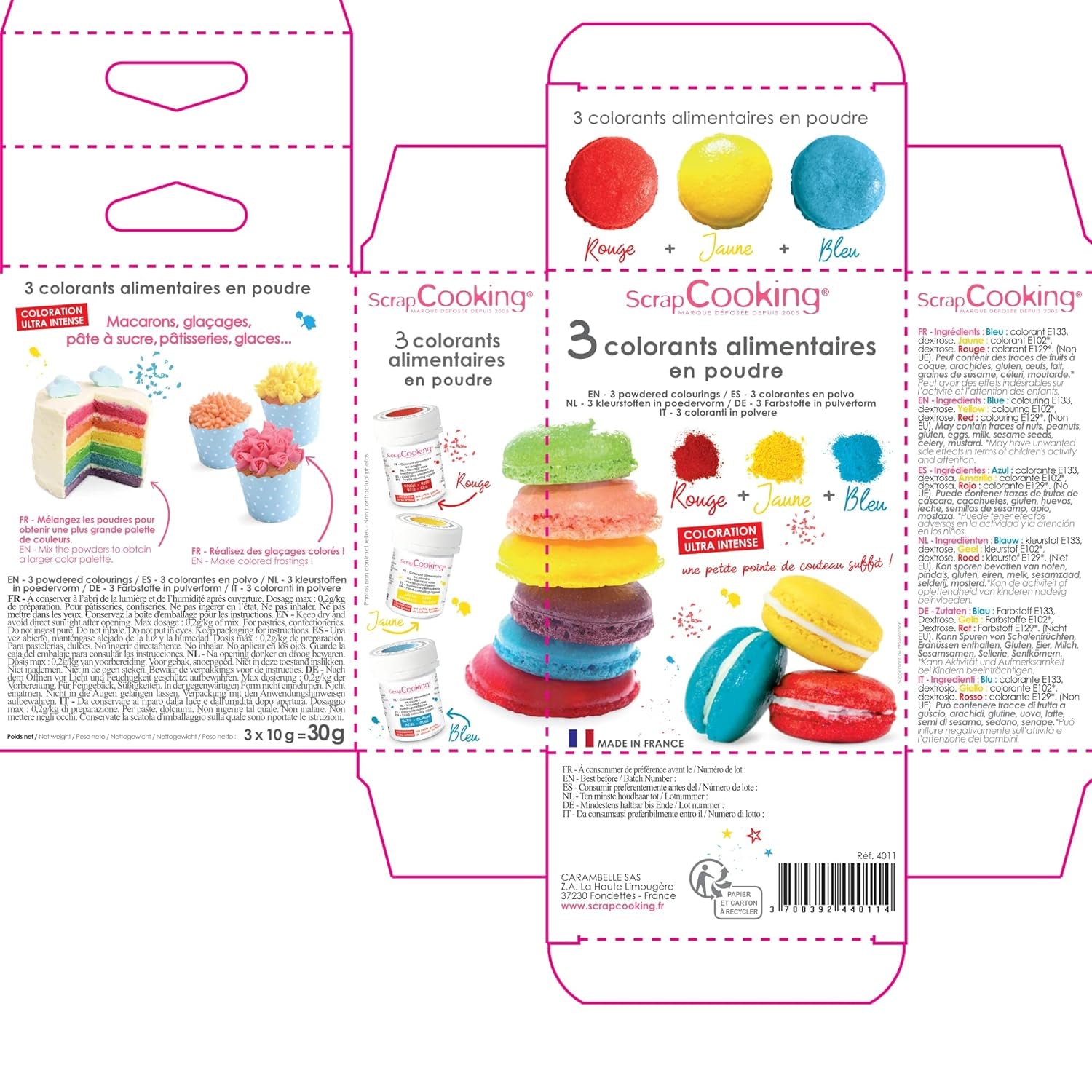 Scrapcooking - Juego de 3 colorantes alimentarios en polvo - Rojo Amarillo Azul - Colorante alimentario para hornear, pasteles, galletas, masa, fondant, pastel arcoíris - 4011