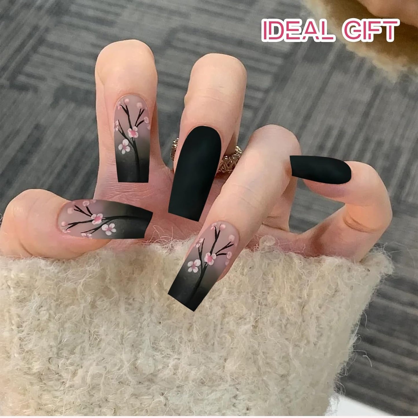 24 Uds. De uñas postizas negras de otoño, prensa francesa, flor rosa, uñas largas, pegamento en uñas postizas, juego de uñas postizas de otoño con accesorios