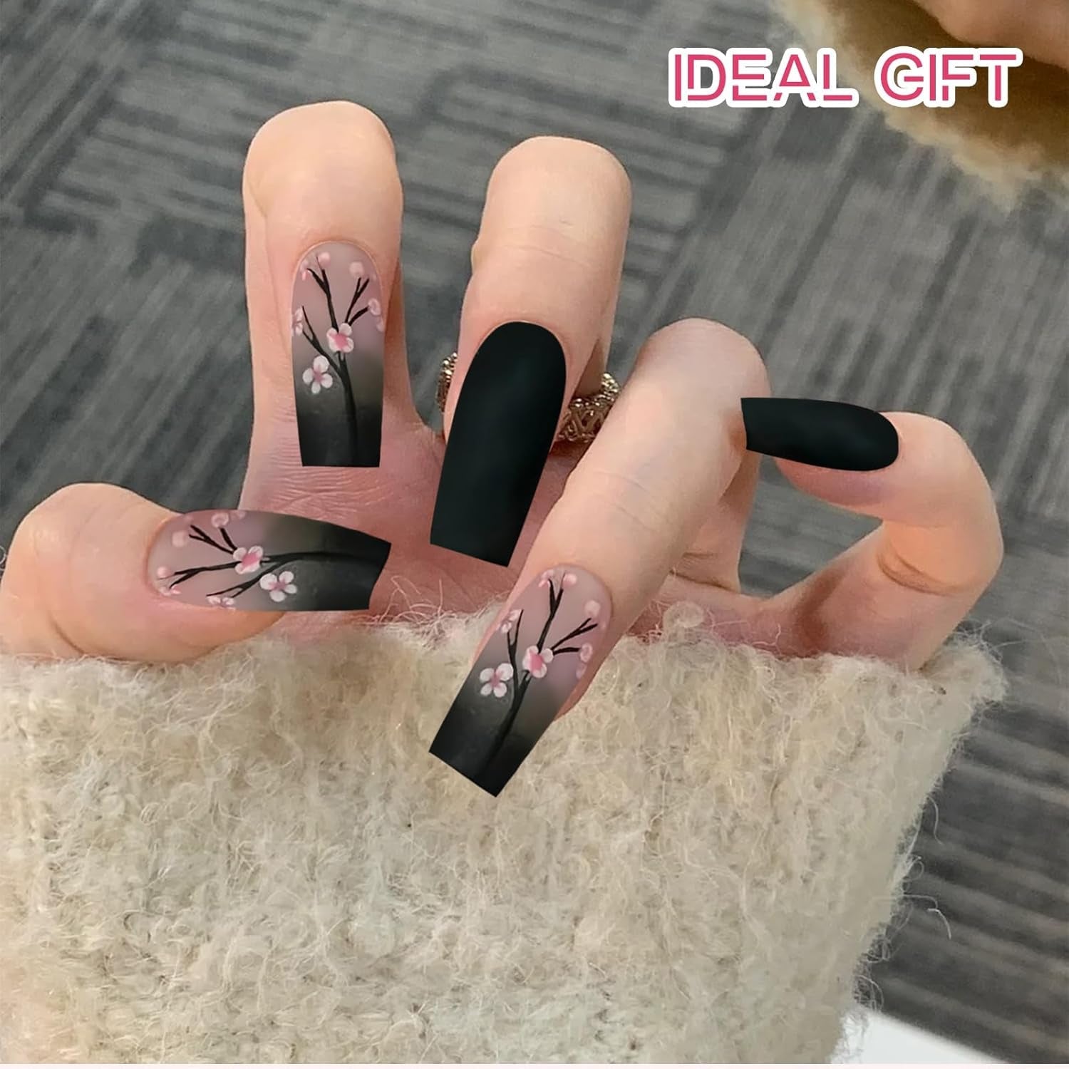 24 Uds. De uñas postizas negras de otoño, prensa francesa, flor rosa, uñas largas, pegamento en uñas postizas, juego de uñas postizas de otoño con accesorios