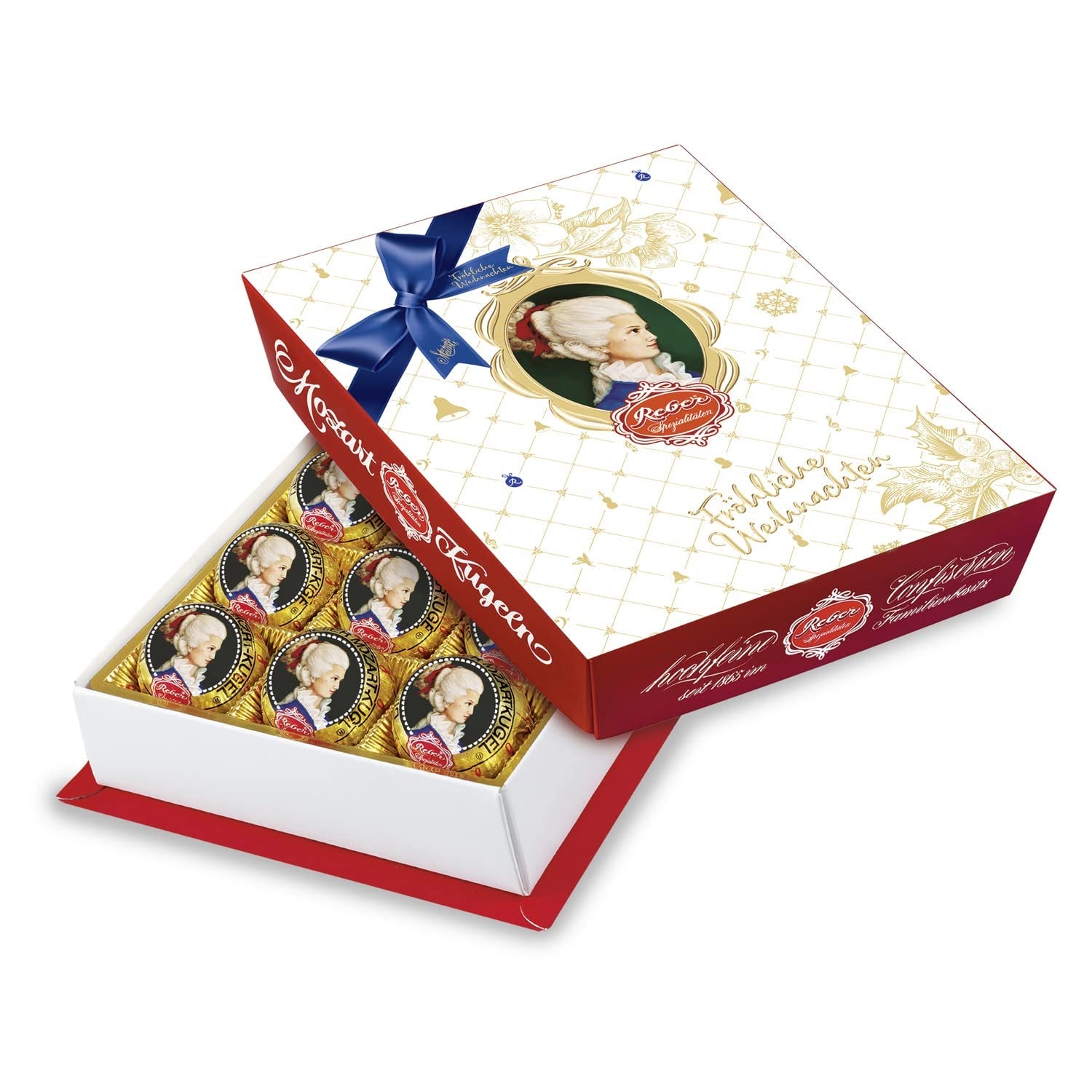 Reber Bolitas Mozart con chocolate negro, pack de 6 con mazapán y turrón, vegano - 1 x 120 g