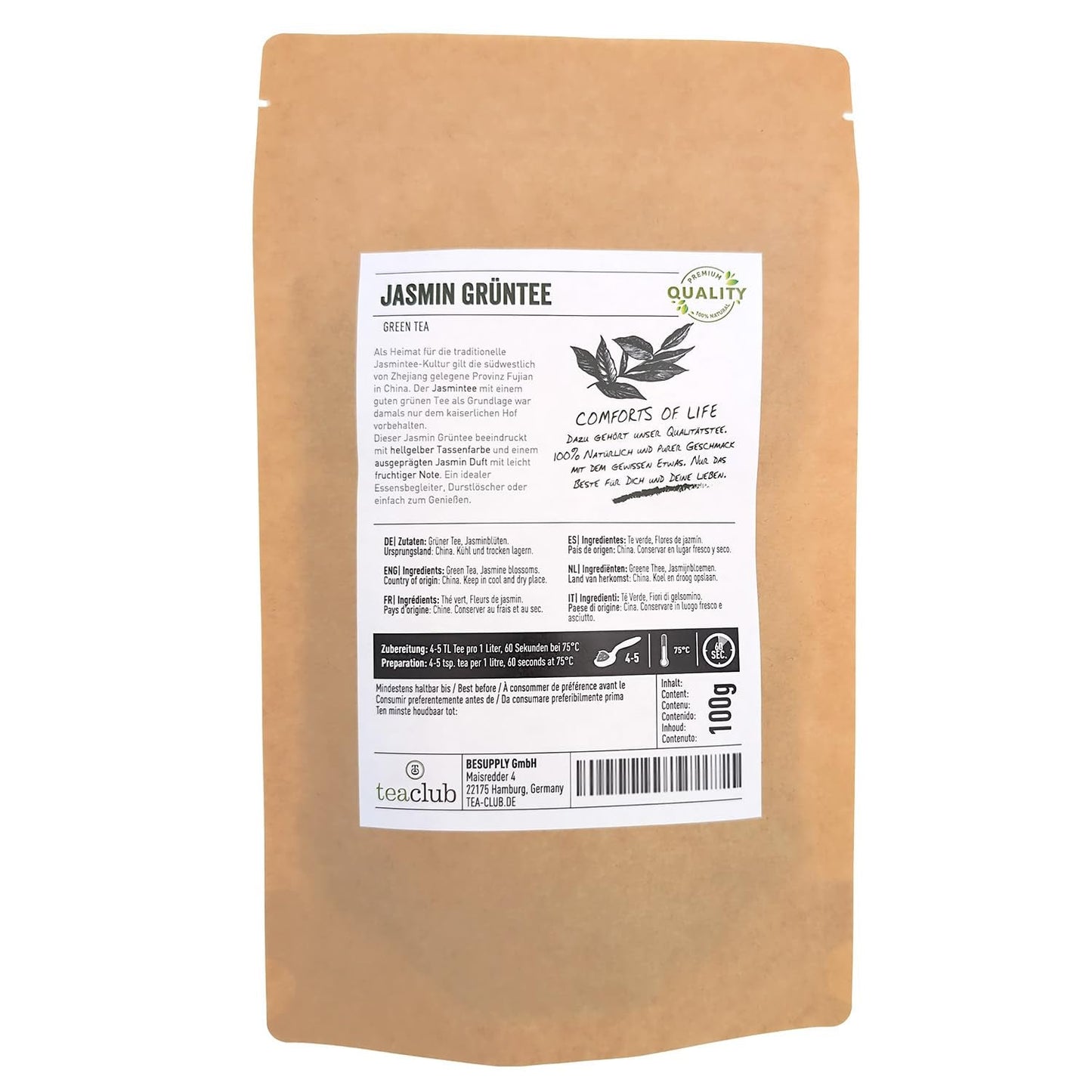 Té de jazmín suelto 100 g, té verde de flor de jazmín con sabor natural, té verde de jazmín con un pronunciado sabor a jazmín, té verde Teaclub