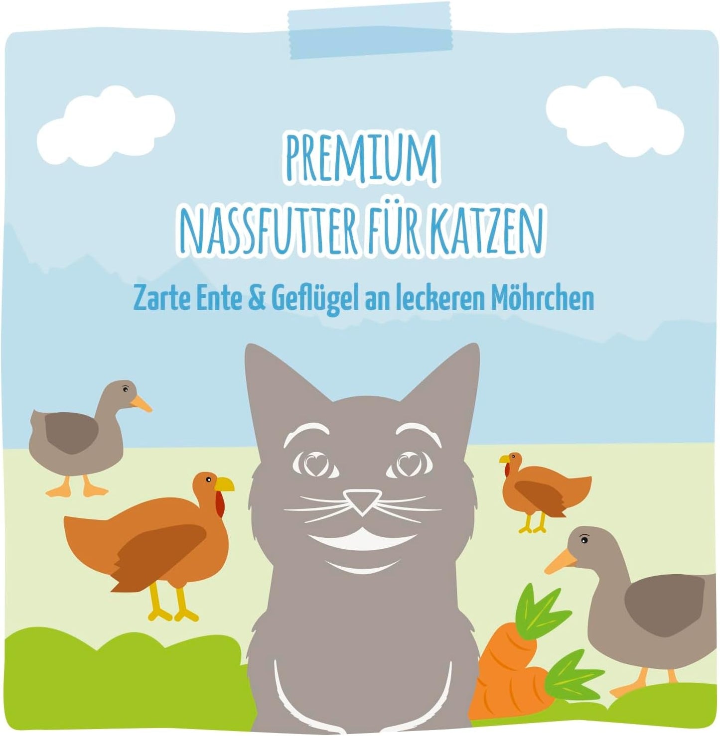 MjAMjAM - Comida húmeda premium para gatos - Pato tierno y aves de corral con deliciosas zanahorias, 1 paquete (1 x 400 g), sin cereales con carne extra
