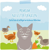 MjAMjAM - Comida húmeda premium para gatos - Pato tierno y aves de corral con deliciosas zanahorias, 1 paquete (1 x 400 g), sin cereales con carne extra