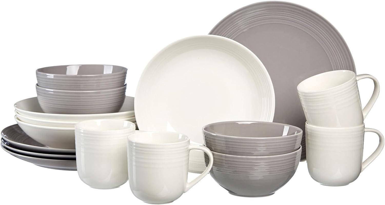 Ritzenhoff & Breker Levi Vajilla de 16 Piezas, Platos, Cuencos y Tazas para 4, Diseño Escandinavo con Fino Relieve Estriado, Vajilla Mix & Match, Porcelana, Blanco y Gris