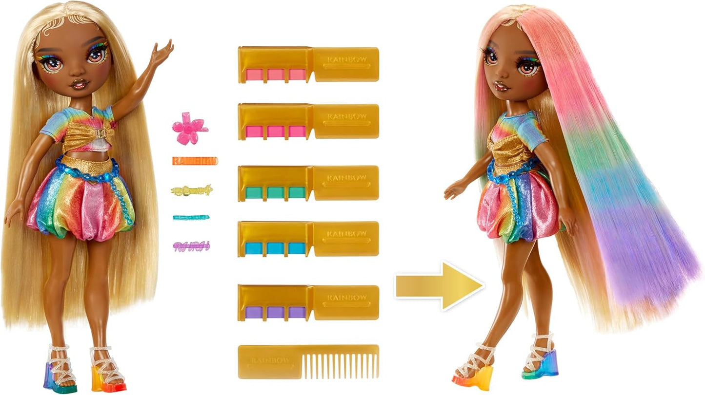 Muñeca Rainbow High Hair Chalk & Styling - Meline - Muñeca de 28 cm con tiza para el cabello lavable arco iris y oro, colorear, peinar, jugar, enjuagar y repetir, para niños de 4 a 12 años