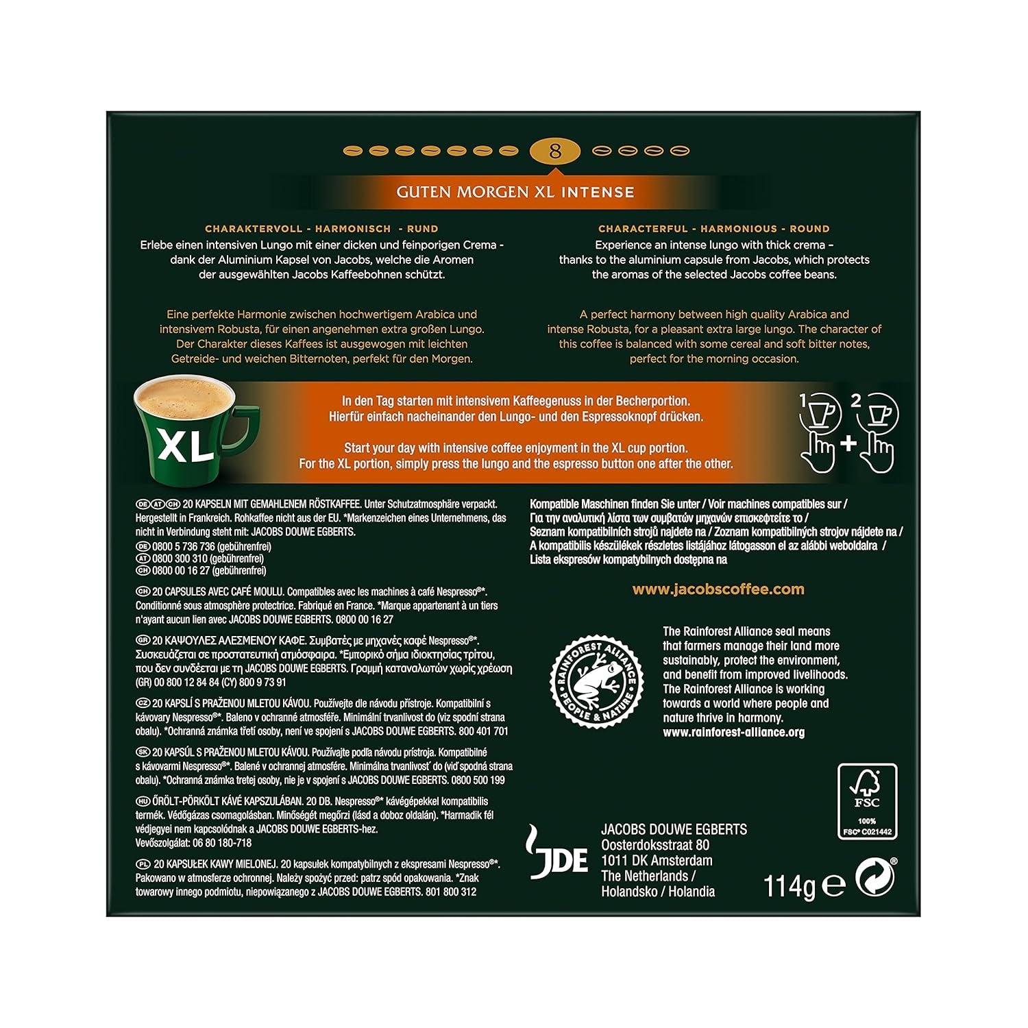 Jacobs Kaffeekapseln Guten Morgen XL Intense - Paquete de 10 (10 x 20 Getränke) & Kaffeekapseln Lungo Decaffeinato- Intensität 6- 200 Kapseln compatibles con Nespresso, paquete de 10er, 10 x 20 Getränke