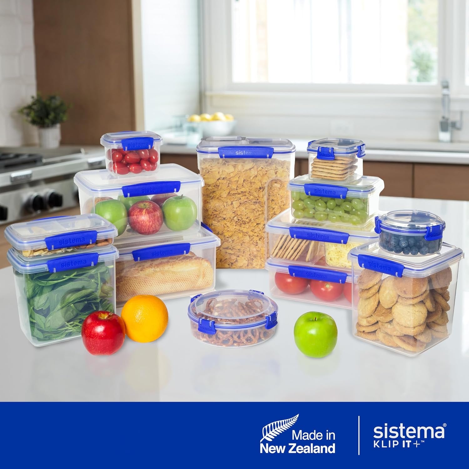 Tarro para almacenamiento de alimentos KLIP IT System | 9,67 litros | tarro de almacenamiento apilable y hermético con tapa, apto para frigorífico/congelador | Plástico sin BPA | clips azules | 1 pieza (paquete de 4) cajas de almacenamiento de alimentos Naty Shop